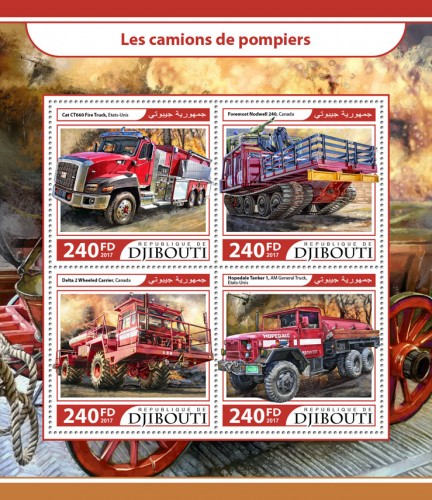 Fire trucks (Cat CT660 Fire Truck, Etats-Unis; Foremost Nodwell 240, Canada; Delta 2 Wheeled Carrier, Canada; Hopedale Tanker 1, AM General Truck, Etats-Unis) | Stamps of DJIBOUTI