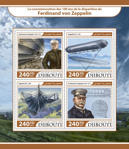 100th memorial anniversary of Ferdinand von Zeppelin (Ferdinand von Zeppelin 1838–1917, Passengers boarding the Graf Zeppelin LZ 127, 1936; Zeppelin LZ 1, 1900; Zeppelin LZ 4, 1908) | Stamps of DJIBOUTI