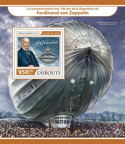 100th memorial anniversary of Ferdinand von Zeppelin (Ferdinand von Zeppelin 1838–1917) | Stamps of DJIBOUTI