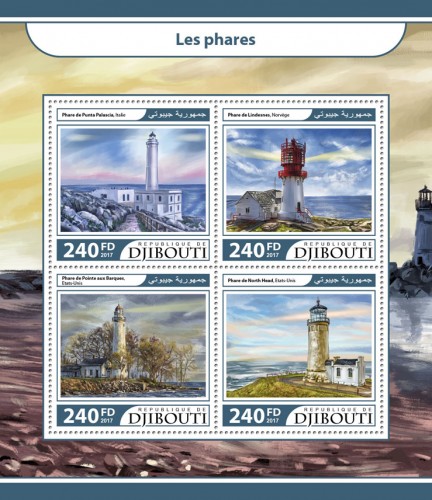 Lighthouses (Punta Palascia lighthouse, Italy; Lindesnes lighthouse, Norway; Pointe aux Barques lighthouse, USA; North Head Light, USA) | Stamps of DJIBOUTI