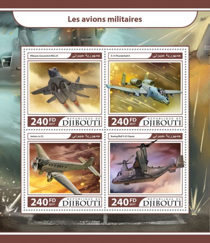 Military planes (Mikoyan MiG-29; A-10 Thunderbolt II; Junkers Ju 52; Boeing/Bell V-22 Osprey) | Stamps of DJIBOUTI