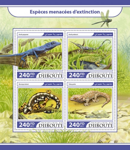 Endangered species (Anolis gorgonae; Anolis proboscis; Neurergus kaiseri; Tokay gecko) | Stamps of DJIBOUTI
