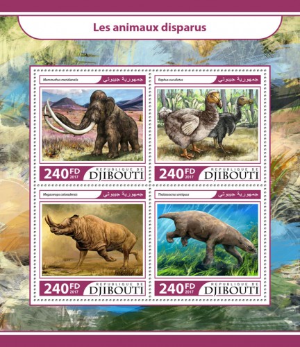 Extinct animals (Mammuthus meridionalis; Raphus cucullatus; Megacerops coloradensis; Thalassocnus antiquus) | Stamps of DJIBOUTI