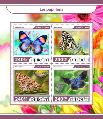 Butterflies (Batesia hypochlora; Papilio demoleus; Melitaea didyma; Phengaris arion) | Stamps of DJIBOUTI