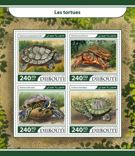 Turtles (Graptemys pseudogeographica kohni; Rhinoclemmys pulcherrima; Trachemys scripta scripta; Trachemys scripta elegans) | Stamps of DJIBOUTI