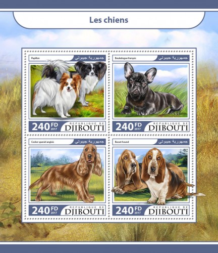 Dogs (Papillon; French Bulldog; English Cocker Spaniel; Basset Hound) | Stamps of DJIBOUTI