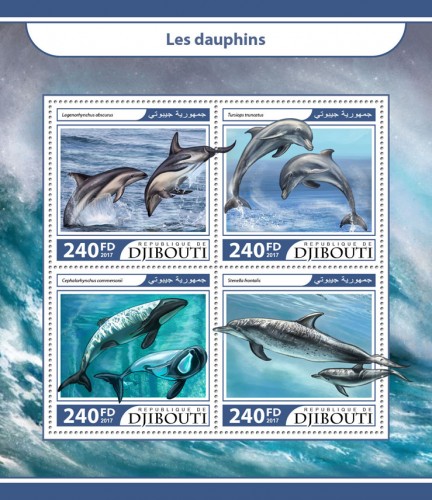 Dolphins (Lagenorhynchus obscurus; Tursiops truncatus; Cephalorhynchus commersonii; Stenella frontalis) | Stamps of DJIBOUTI
