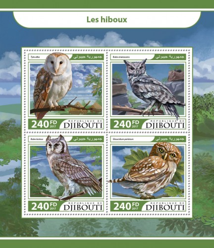 Owls (Tyto alba; Bubo cinerascens; Bubo lacteus; Glaucidium perlatum) | Stamps of DJIBOUTI