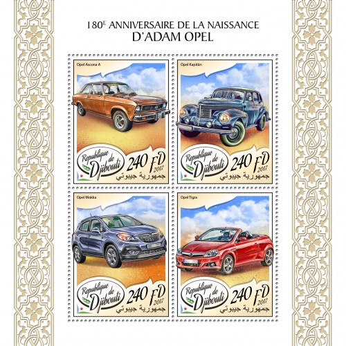180th anniversary of Adam Opel (Opel Ascona A; Opel Kapitän; Opel Mokka; Opel Tigra) | Stamps of DJIBOUTI