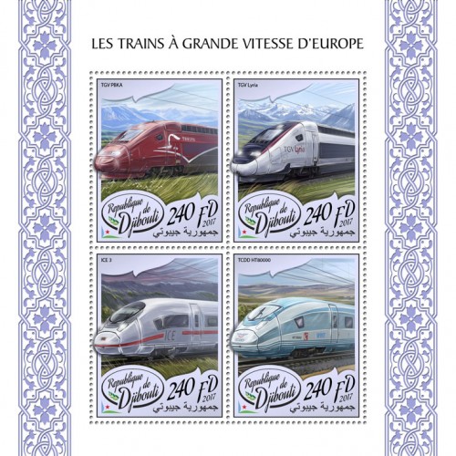 European speed trains (TGV PBKA; TGV Lyria; ICE 3; TCDD HT80000) | Stamps of DJIBOUTI