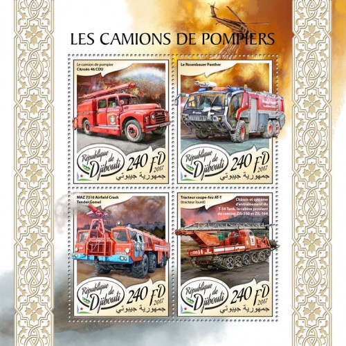 Fire engines (Citroën 46 CDU fire engine; Rosenbauer Panther; MAZ 7310 Airfield Crash Tender Gomel; Fire tractor AT-T (heavy artillery tractor), Chassis and drive system from the T-54 Tank, the cab is from the ZIS-150 and ZIL-164 truck) | Stamps of DJIBOUTI