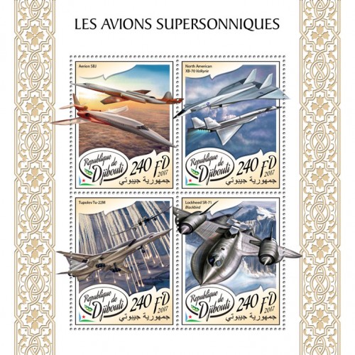 Supersonic aircraft (Aerion SBJ; North American XB-70 Valkyrie; Tupolev Tu-22M; Lockheed SR-71 Blackbird) | Stamps of DJIBOUTI