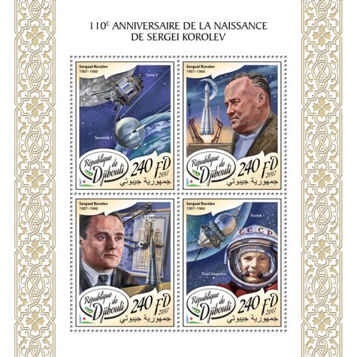 110th anniversary of Sergei Korolev (Sergei Korolev (1907–1966), Luna 3, Sputnik 1; Luna 8K72; R-7 Semyorka; Vostok 1, Yuri Gagarin) | Stamps of DJIBOUTI