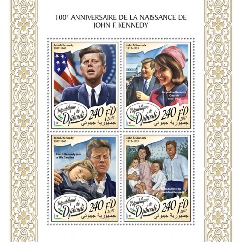 100th anniversary of John F. Kennedy (John F. Kennedy (1917–1963),  Jacqueline Kennedy Onassis (1929–1994); John F. Kennedy with his daughter Caroline; President’s Kennedy Family) | Stamps of DJIBOUTI