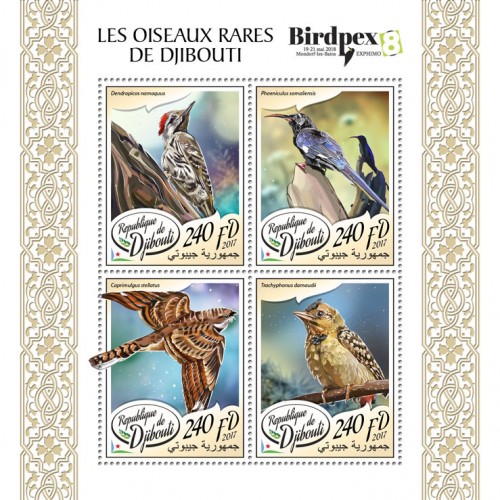 Rare birds of Djibouti (Birdpex) (Dendropicos namaquus; Phoeniculus somaliensis; Caprimulgus stellatus; Trachyphonus darnaudii) | Stamps of DJIBOUTI