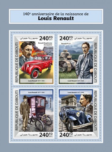 140th anniversary of Louis Renault (Louis Renault (1877–1944), Renault Dauphinoise (Juvaquatre); Renault FT-17; Renault Type B; Renault Reinastella) | Stamps of DJIBOUTI