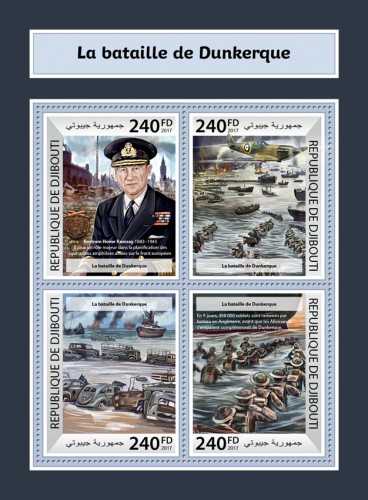 The battle of Dunkirk (Bertram Home Ramsay (1883-1945). He played a major role in the planning of Allied amphibious operations on the European front; 350,000 soldiers were brought back by boat to England in 9 days, before the Germans seized Dunkirk completely) | Stamps of DJIBOUTI