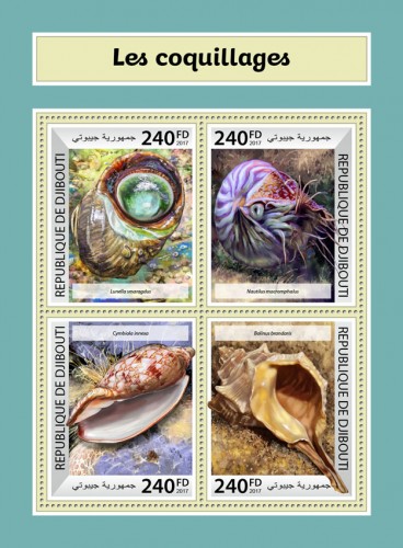 Shells (Lunella smaragdus; Nautilus macromphalus; Cymbiola innexa; Bolinus brandaris) | Stamps of DJIBOUTI