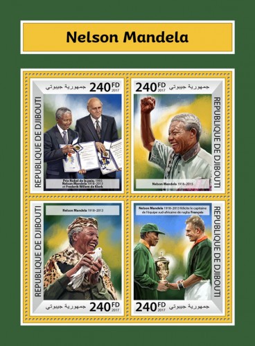 Nelson Mandela (Nelson Mandela (1918–2013); Nobel Peace Prize, 1993, Nelson Mandela (1918–2013) and Frederik Willem de Klerk; Nelson Mandela (1918–2013) congratulating the captain of South African rugby team François) | Stamps of DJIBOUTI