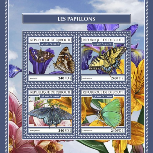 Butterflies (Apatura iris; Papilio glaucus; Battus philenor; Callophrys rubi) | Stamps of DJIBOUTI