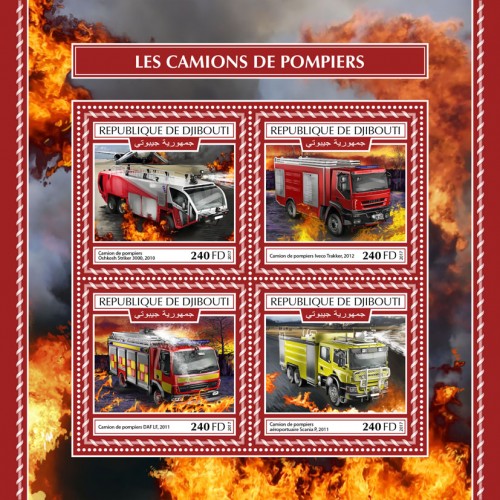 Fire engines (Oshkosh Striker 3000 Fire Truck 2010; Iveco Trakker Fire Truck 2012; DAF LF Fire Truck 2011; Scania P Fire Truck Airport 2011) | Stamps of DJIBOUTI