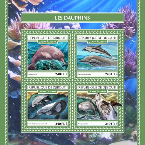 Dolphins (Inia geoffrensis; Stenella coeruleoalba; Cephalorhynchus commersonii; Grampus griseus) | Stamps of DJIBOUTI