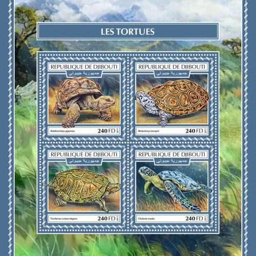 Turtles (Aldabrachelys gigantean; Malaclemys terrapin; Trachemys scripta elegans; Chelonia mydas) | Stamps of DJIBOUTI
