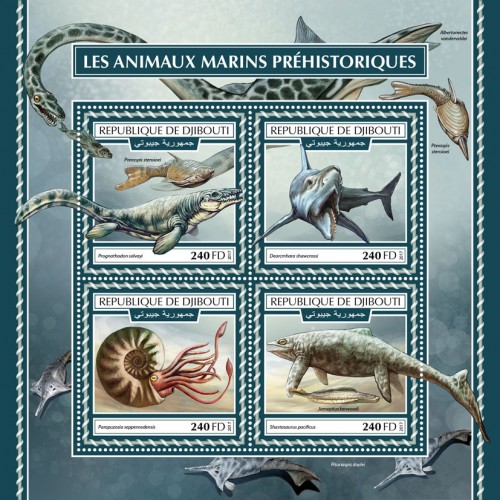 Prehistoric water animals (Prognathodon solvayi, Pteraspis stensioei; Dearcmhara shawcrossi; Parapuzosia seppenradensis; Shastasaurus pacificus, Jamoytius kerwoodi) | Stamps of DJIBOUTI