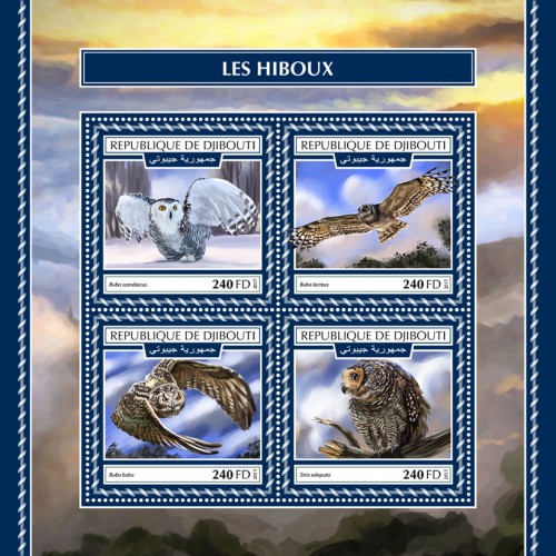 Owls (Bubo scandiacus; Bubo lacteus; Bubo bubo; Strix seloputo) | Stamps of DJIBOUTI