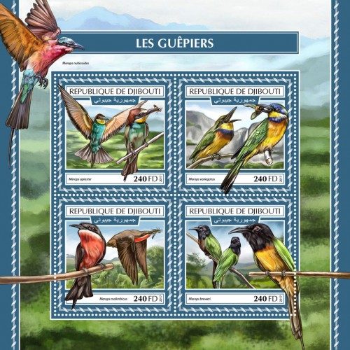 Bee-eaters (Merops apiaster; Merops variegatus; Merops malimbicus; Merops breweri) | Stamps of DJIBOUTI