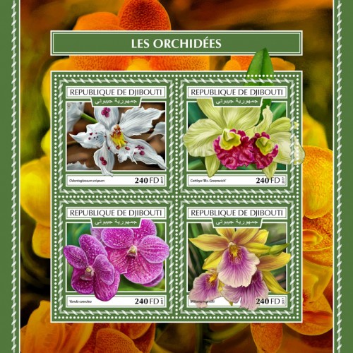 Orchids (Odontoglossum crispum; Cattleya ‘Blc. Greenwich’; Vanda coerulea; Miltonia regnellii) | Stamps of DJIBOUTI