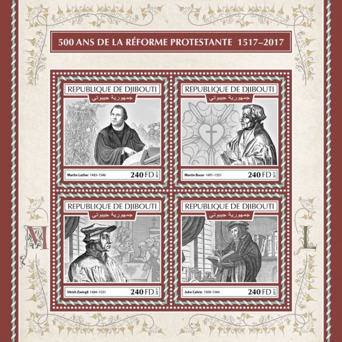500th anniversary of Reformation (Martin Luther (1483–1546); Martin Bucer (1491–1551); Ulrich Zwingli (1484–1531); John Calvin (1509–1564)) | Stamps of DJIBOUTI