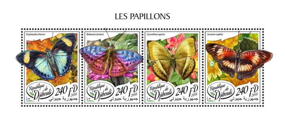 Butterflies (Euphaedra themis; Bebearia tentyris; Cymothoe egesta; Junonia Sophia) | Stamps of DJIBOUTI