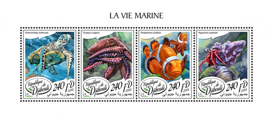 Marine life (Eretmochelys imbricata; Octopus vulgaris; Amphiprion ocellaris; Paguristes cadenati) | Stamps of DJIBOUTI