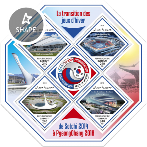 Winter Games transition from Sochi 2014 to PyeongChang 2018 (Fisht Olympic Stadium; Pyeongchang Olympic Stadium; Sochi Olympic Park; Speed skating site of PyeongChang) | Stamps of DJIBOUTI
