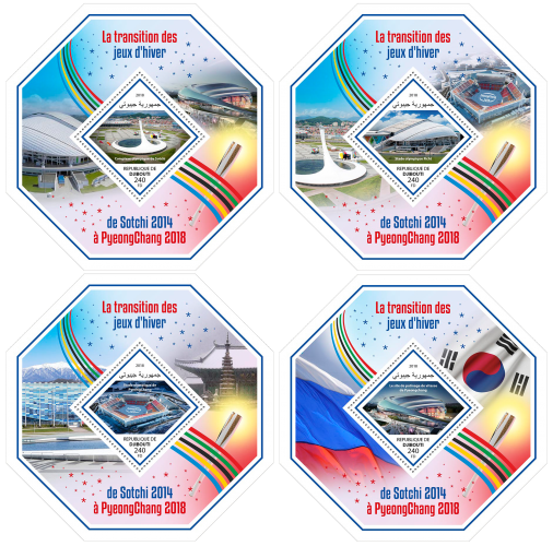 Winter Games transition from Sochi 2014 to PyeongChang 2018 (Fisht Olympic Stadium; Pyeongchang Olympic Stadium; Sochi Olympic Park; Speed skating site of PyeongChang) | Stamps of DJIBOUTI