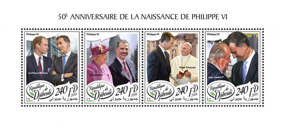 50th anniversary of Philippe VI (Prince William; Elizabeth II; Pope Francis; Juan Carlos I) | Stamps of DJIBOUTI