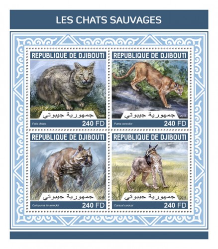 Wild cats (Felis chaus; Puma concolor; Catopuma temminckii; Caracal caracal) | Stamps of DJIBOUTI
