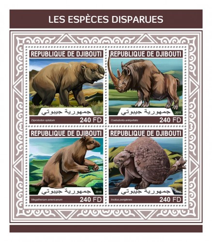 Extinct species (Diprotodon optatum; Coelodonta antiquitatis; Megatherium americanum; Incilius periglenes) | Stamps of DJIBOUTI