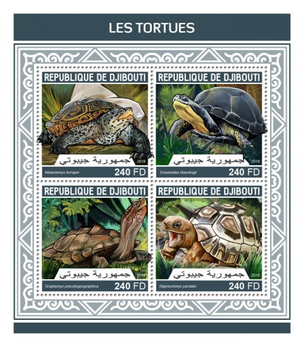 Turtles (Malaclemys terrapin; Emydoidea blandingii; Graptemys pseudogeographica; Stigmochelys pardalis) | Stamps of DJIBOUTI
