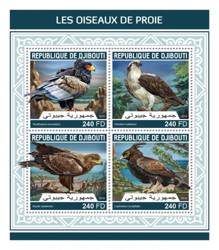 Birds of prey (Terathopius ecaudatus; Pandion haliaetus; Aquila nipalensis; Lophaetus occipitalis) | Stamps of DJIBOUTI