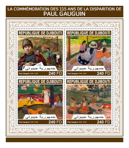 115th memorial anniversary of Paul Gauguin (Paul Gauguin (1848–1903) “Winter at Pont-Aven”, 1888; “The Siesta“, c.1892–1894; “Pastorales Tahitiennes”, 1892; “Sacred Spring: Sweet Dreams”, 1894) | Stamps of DJIBOUTI