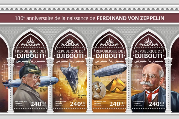 180th anniversary of Ferdinand von Zeppelin (Ferdinand von Zeppelin (1838–1917),  Airship LZ 129; Airship LZ 4; Airship LZ 127) | Stamps of DJIBOUTI