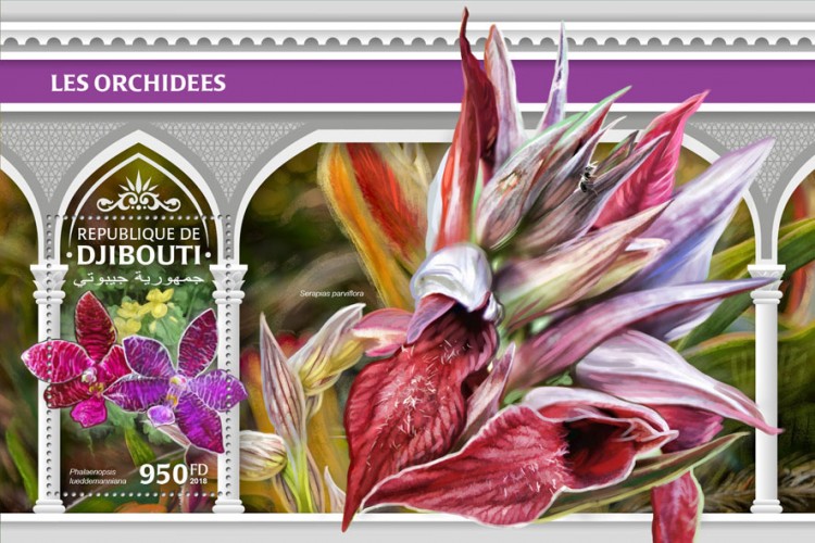 Orchids (Phalaenopsis lueddemanniana) Background info: Serapias parviflora | Stamps of DJIBOUTI