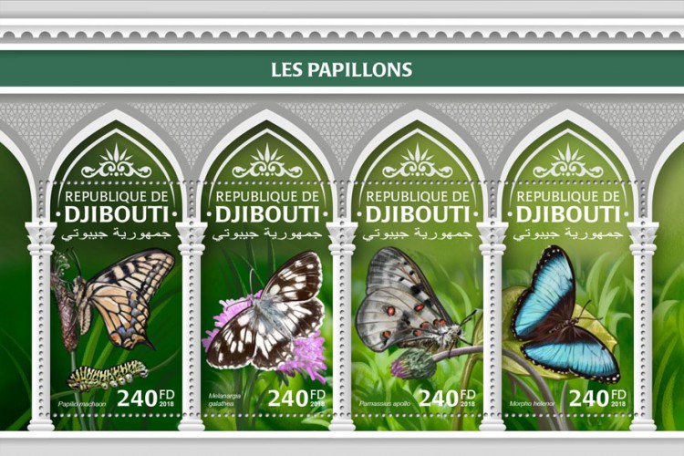 Butterflies (Papilio machaon; Melanargia galathea; Parnassius apollo; Morpho helenor) | Stamps of DJIBOUTI
