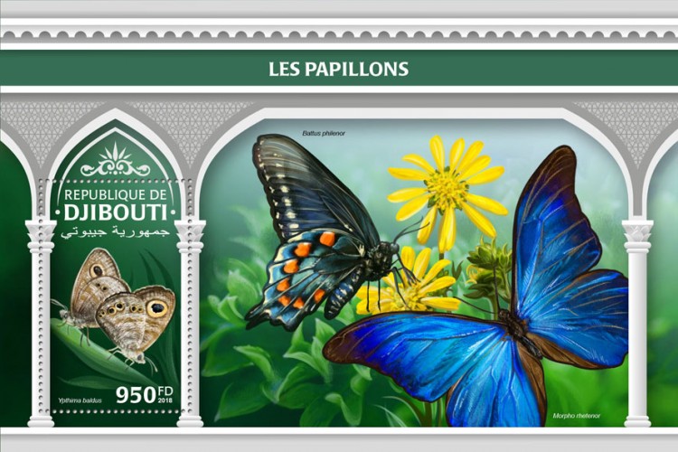 Butterflies (Ypthima baldus) Background info: Battus philenor, Morpho rhetenor | Stamps of DJIBOUTI