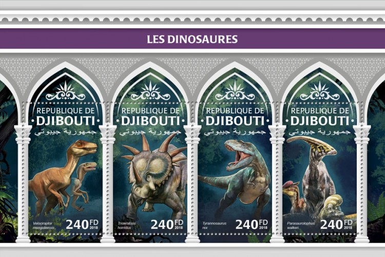 Dinosaurs (Velociraptor mongoliensis; Triceratops horridus; Tyrannosaurus rex; Parasaurolophus walkeri) | Stamps of DJIBOUTI