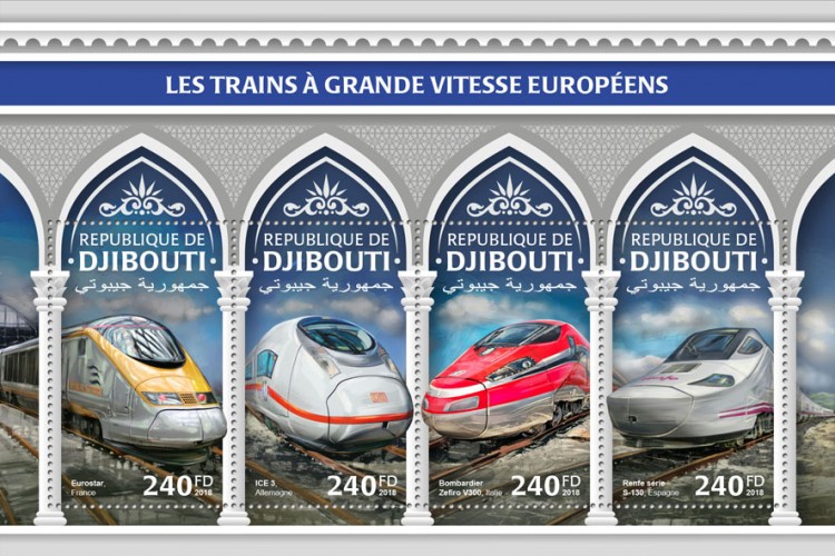 European speed trains (Eurostar, France; ICE 3, Germany; Bombardier Zefiro V300, Italy; Renfe Class 130, Spain) | Stamps of DJIBOUTI