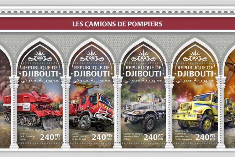 Fire engines (GPM-54, Russian Fire Tank; CCFM, Forest fire tank truck; Mercedes-Benz Zetros fire truck; OES Type III Wildland Fire Engine) | Stamps of DJIBOUTI