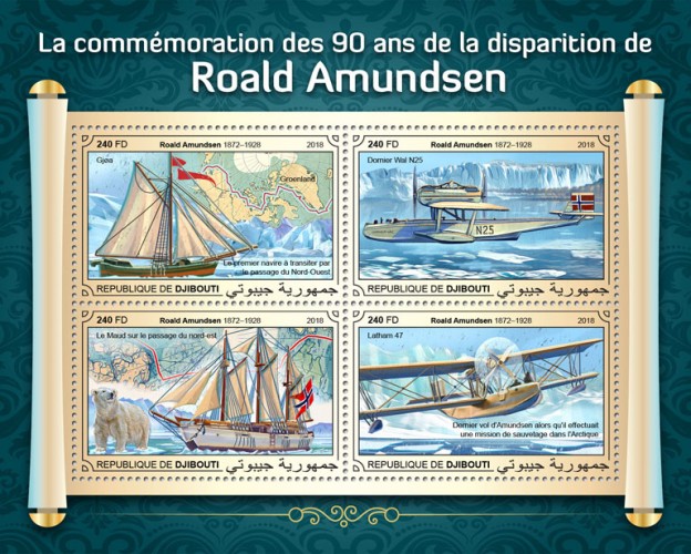 90th memorial anniversary of Roald Amundsen (Roald Amundsen (1872–1928), The first vessel to transit the Northwest Passage, Greenland, Gjøa; Dornier Wal N25; Maud on Northeast Passage; Latham 47, Last flight of Amundsen while flying on a rescue mission in the Arctic) | Stamps of DJIBOUTI